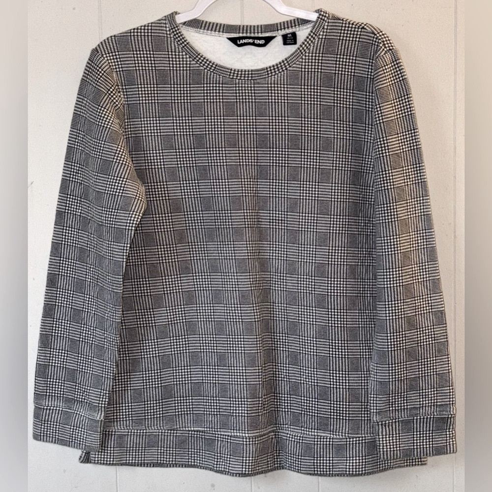 Lands End Black &White Houndstooth Quilted Crew Neck sweatshirt top M 8-10